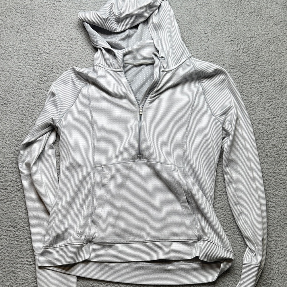 Athleta Heavenly Hail half zip Gray Striped Hoodie Sz large